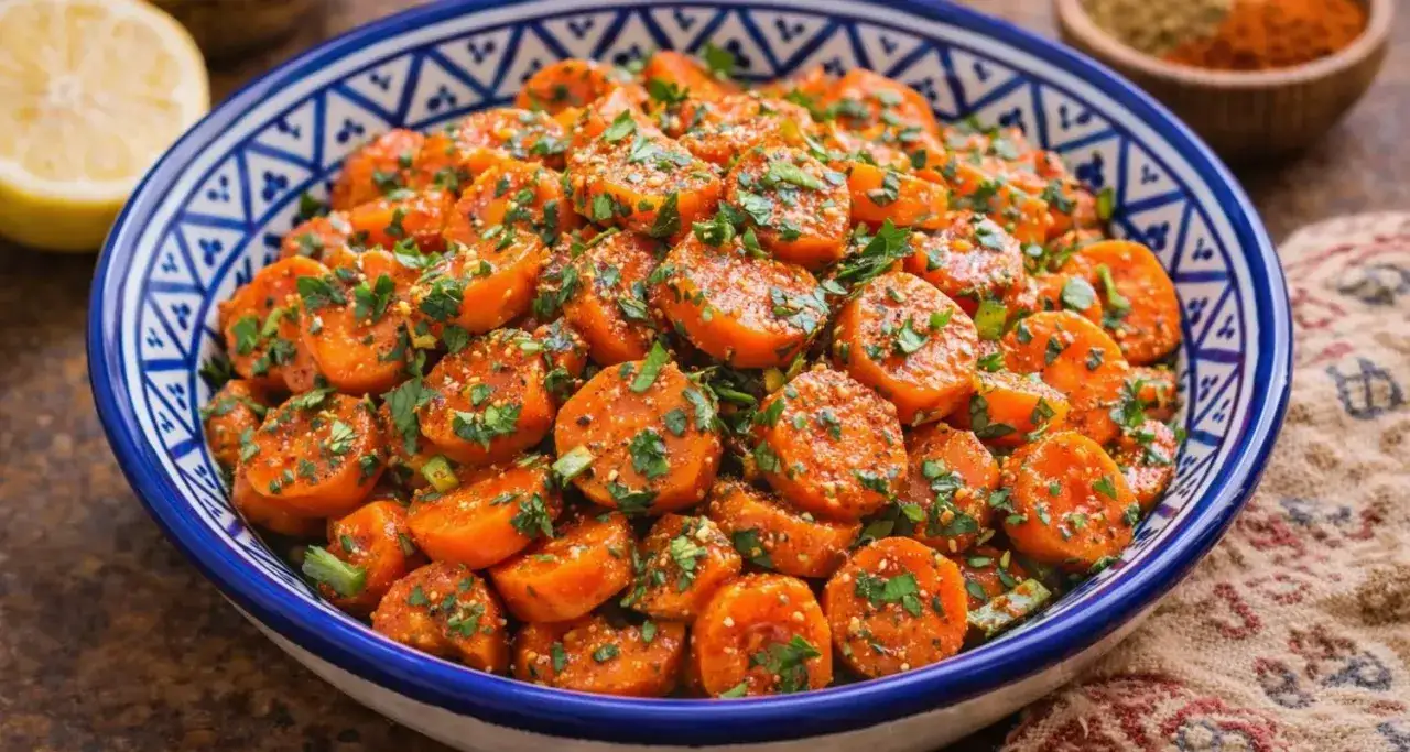 Salade marocaine de carottes coupées en rondelles, assaisonnée d'épices et de persil frais, servie dans un plat bleu et blanc.