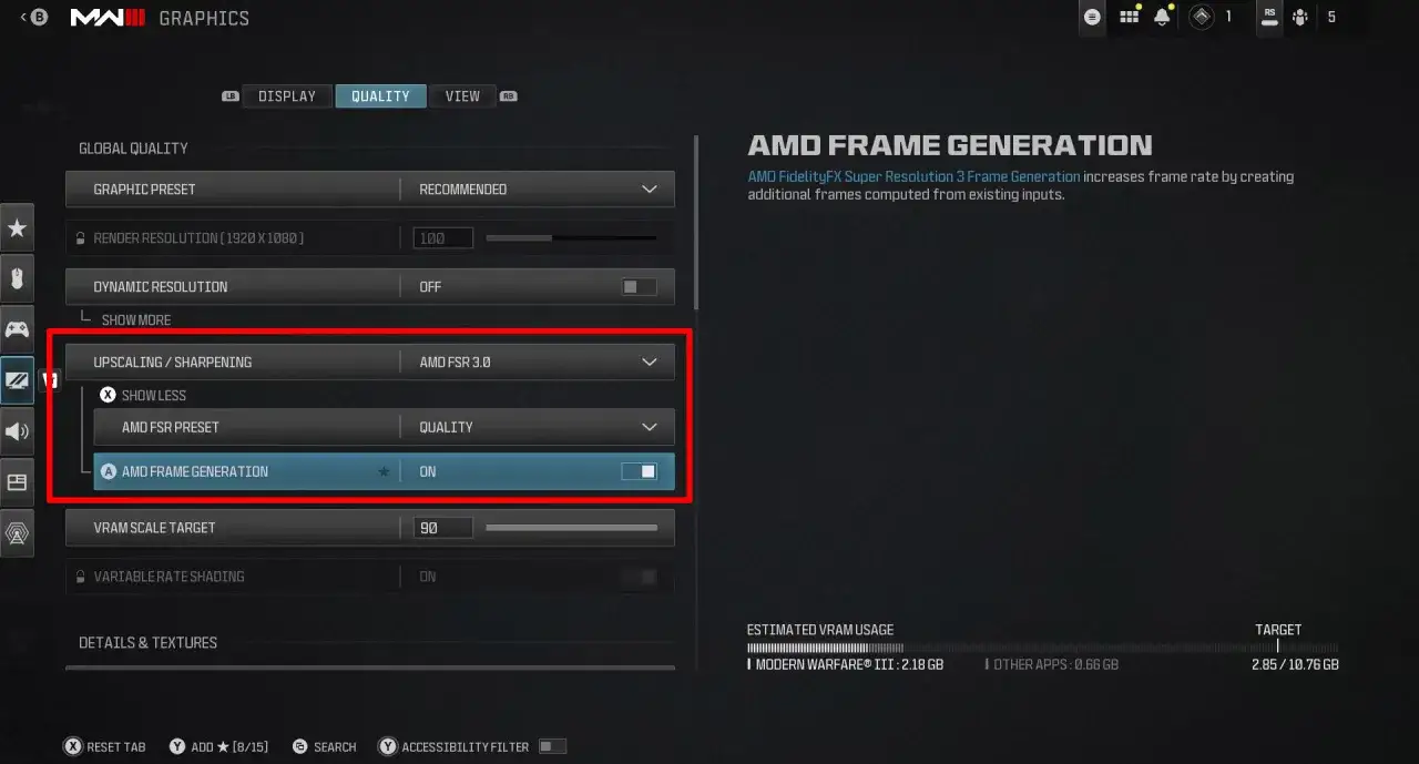 Grafikeinstellungen: AMD FidelityFX Super Resolution 3 Frame Generation ist aktiviert.