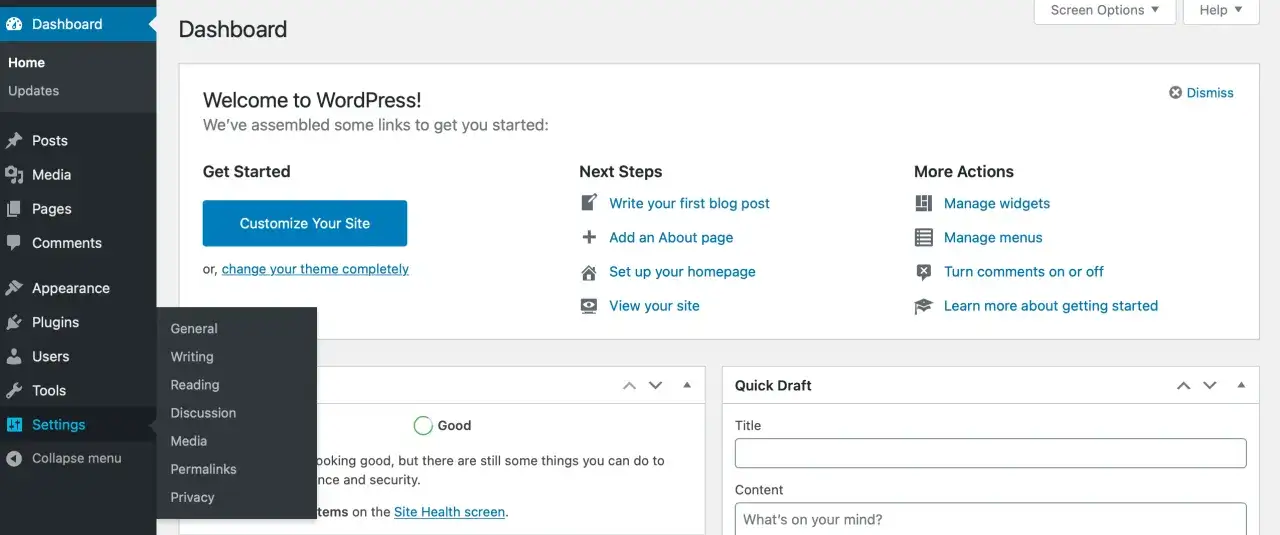 Dashboard di WordPress per gestire il tuo blog. Impostazioni, articoli, pagine e altro ancora.