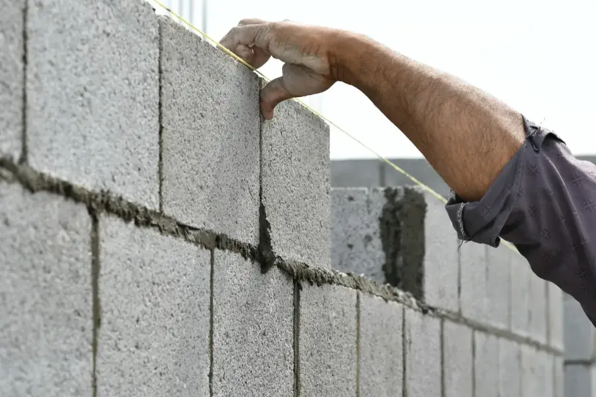 Un maçon pose un parpaing sur un mur en construction. Difficile de dire combien de rangée de parpaing par jour, mais le travail avance.
