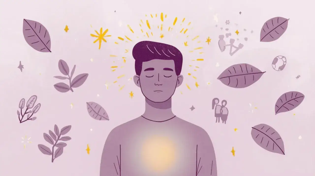A person meditates, surrounded by leaves and stars, feeling gratitude for life and the connections around them.