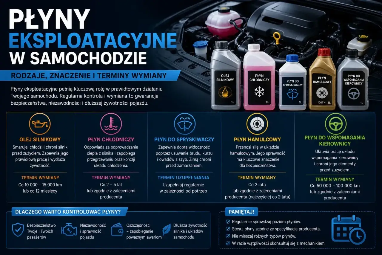 Pięć płynów eksploatacyjnych: olej silnikowy, chłodniczy, do spryskiwaczy, hamulcowy i do wspomagania kierownicy. Texaco oferuje produkty do Twojego auta.