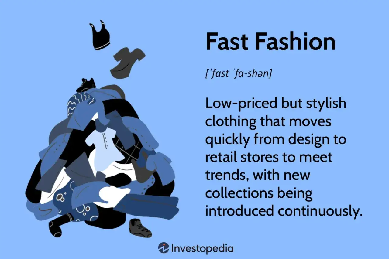 Stos ubrań symbolizuje marki fast fashion, gdzie trendy szybko przechodzą z projektowania do sklep&oacute;w, a nowe kolekcje pojawiają się bez przerwy.