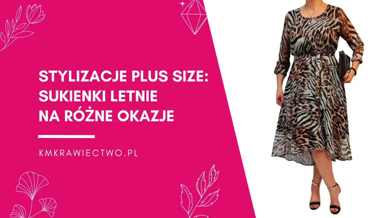 Stylowe sukienki letnie plus size tanio na różne okazje. Modelka w zwiewnej sukience w panterkę.