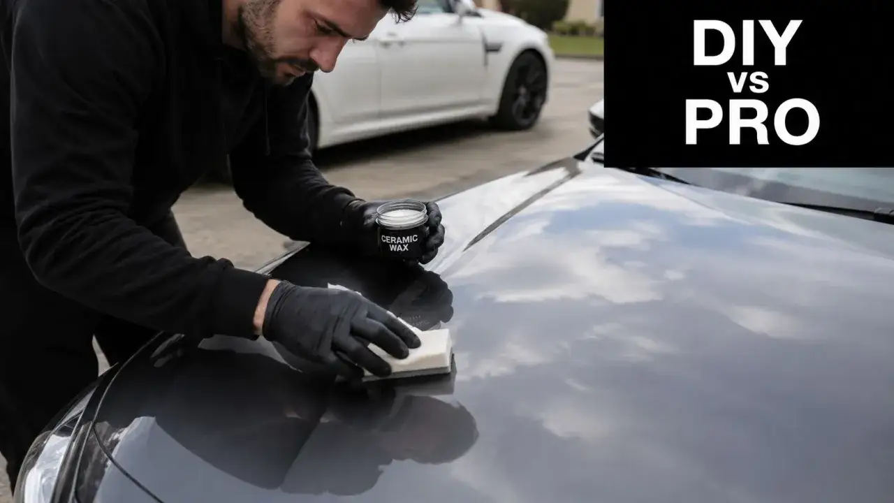 Man med svarta handskar applicerar Turtle Wax Hybrid Solutions keramisk vax på en bilhuv.