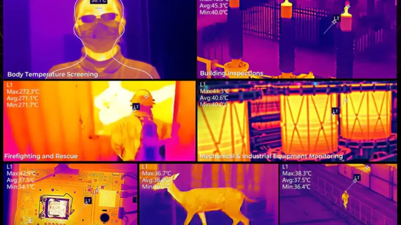 Kamera termowizyjna nie widzi przez ściany, ale pokazuje ciepło. Obraz prezentuje różne zastosowania: screening temperatury, inspekcje budynków, akcje ratownicze, monitoring sprzętu, elektronikę i zwierzęta.