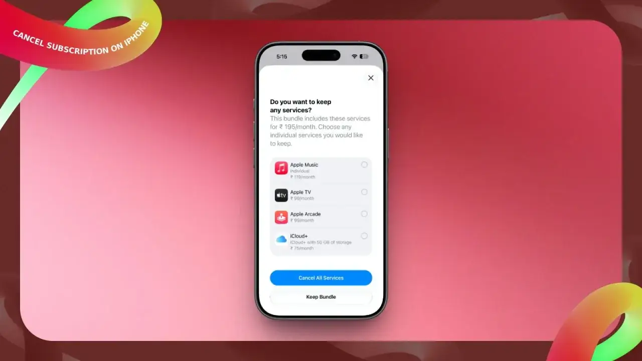 Ekran iPhone'a pokazuje, jak anulować subskrypcję. Możesz wybrać, które usługi chcesz zachować, zanim anulujesz cały pakiet.