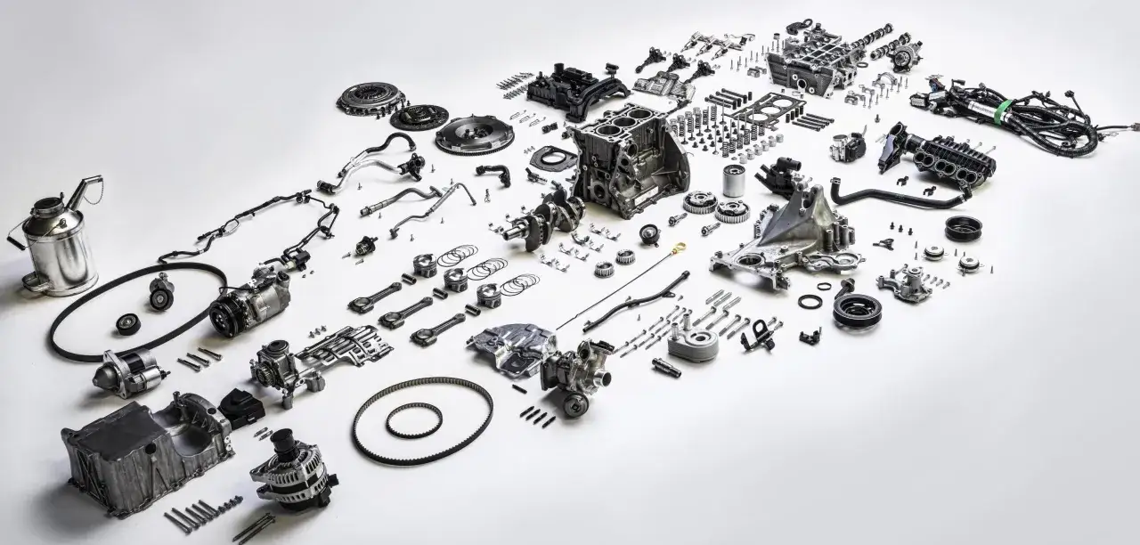 Rozłożony silnik 1.0 ecoboost: blok, wał korbowy, tłoki, głowica, turbosprężarka, wtryskiwacze, alternator, rozrusznik, pompa wody, sprzęgło, paski i inne części.