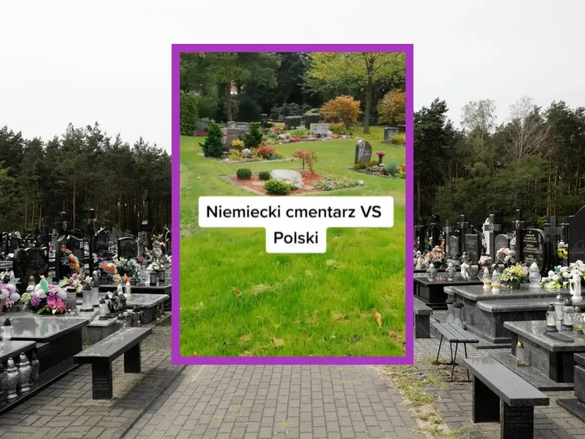 Porównanie: jak wyglądają cmentarze w Niemczech – zadbane, z niskimi nagrobkami i kwiecistymi rabatkami, w kontraście do polskich, z wyższymi pomnikami.