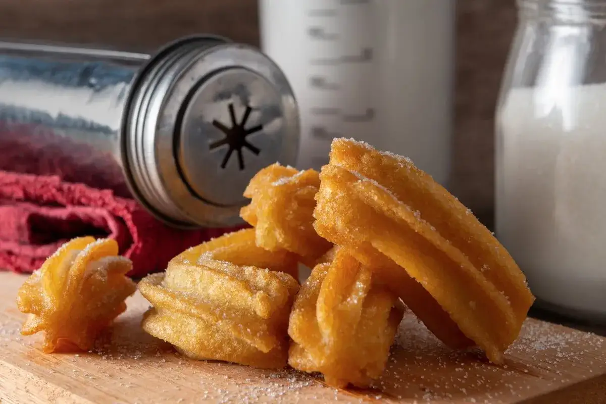 Des churros dorés saupoudrés de sucre, prêts à être dégustés. L'outil pour faire la recette churros est à côté, avec du sucre en poudre.