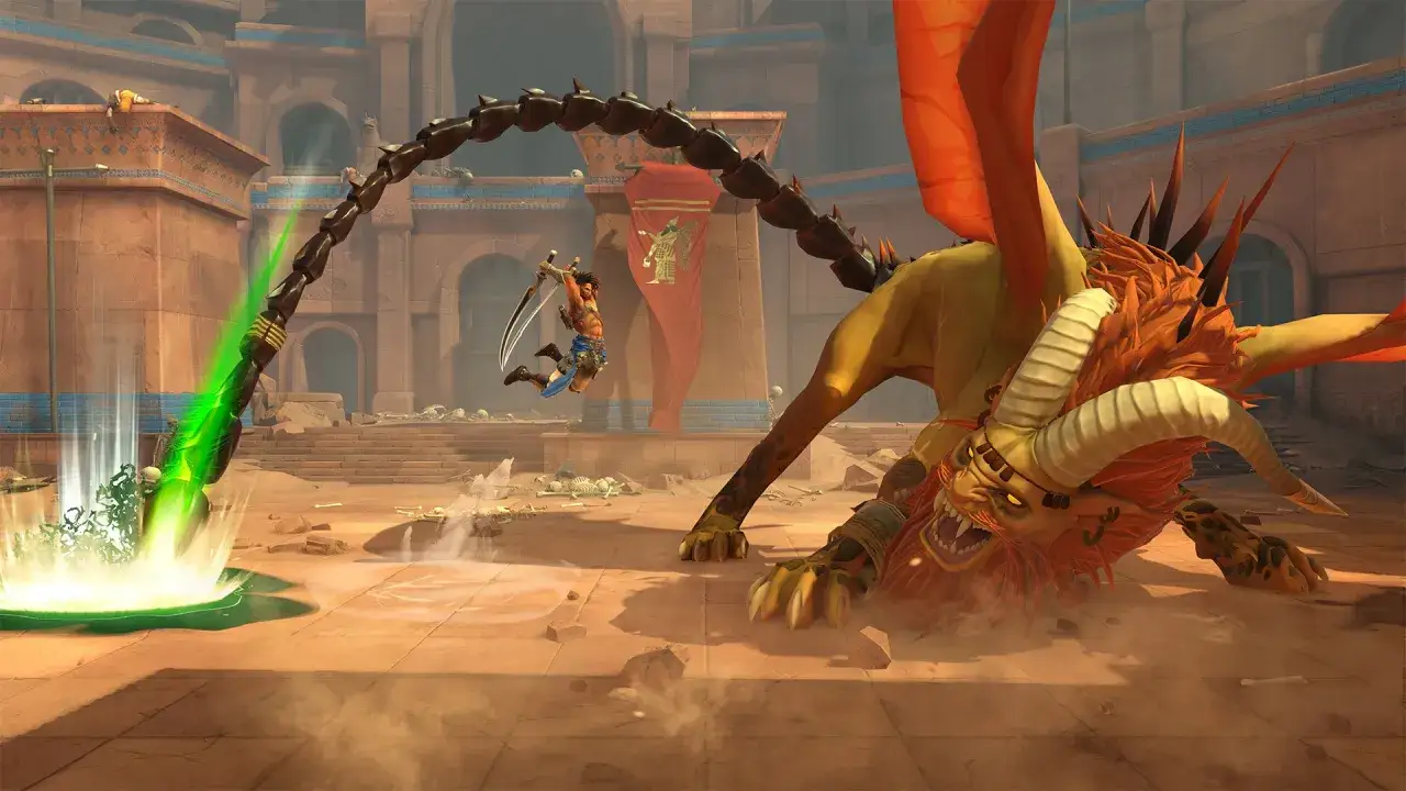 El Príncipe salta sobre un monstruo alado en una arena desértica. ¡Una escena épica de los trofeos Prince of Persia The Lost Crown!