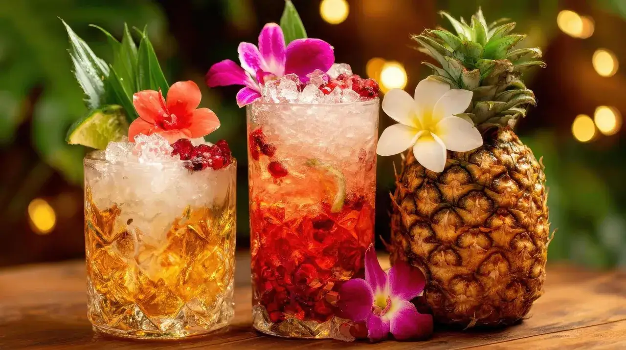 Zwei erfrischende Cocktails, einer mit lila Blüten garniert, neben einer Ananas.