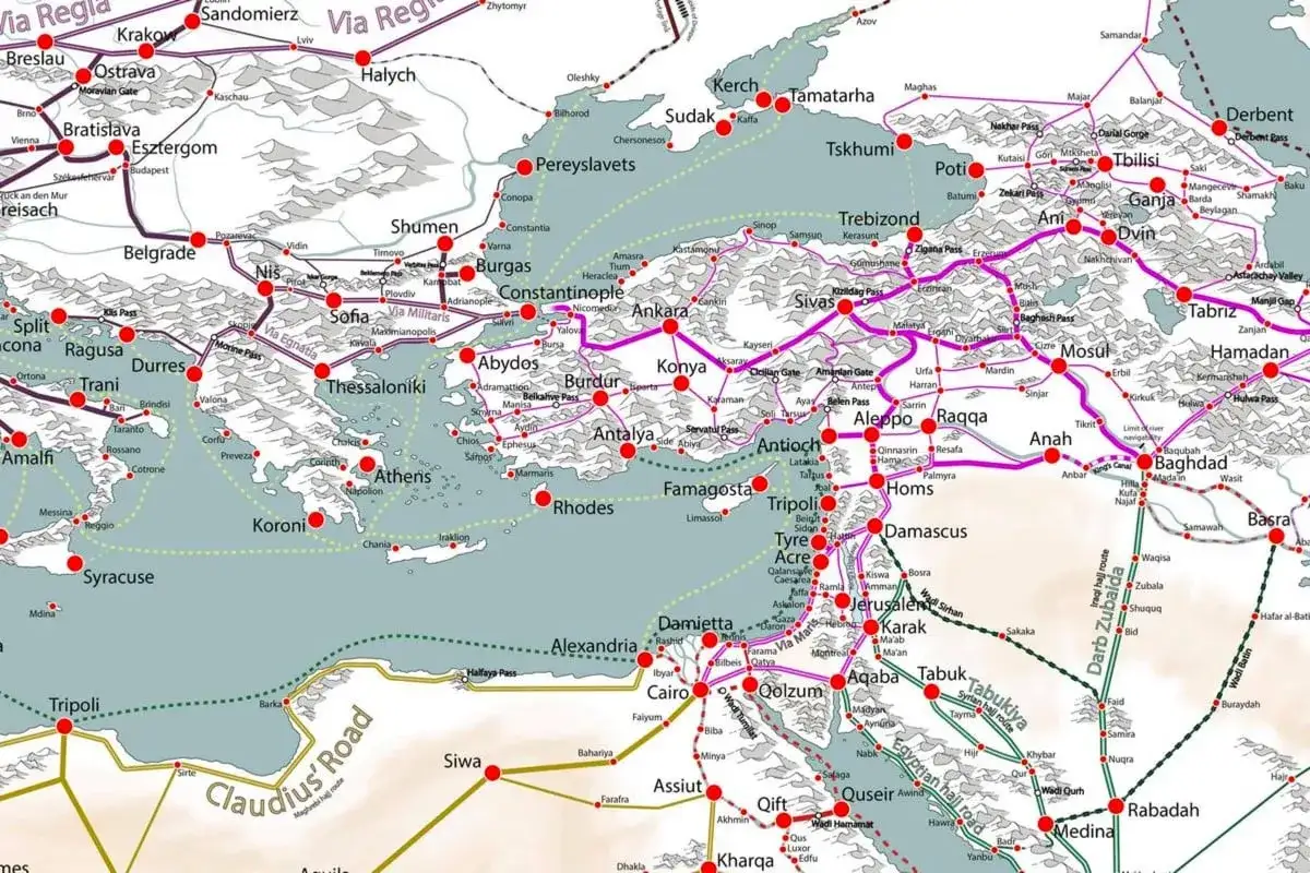 Mapa de rutas comerciales y militares, mostrando las consecuencias de las Cruzadas con ciudades como Acre, Jerusalén y Damasco.