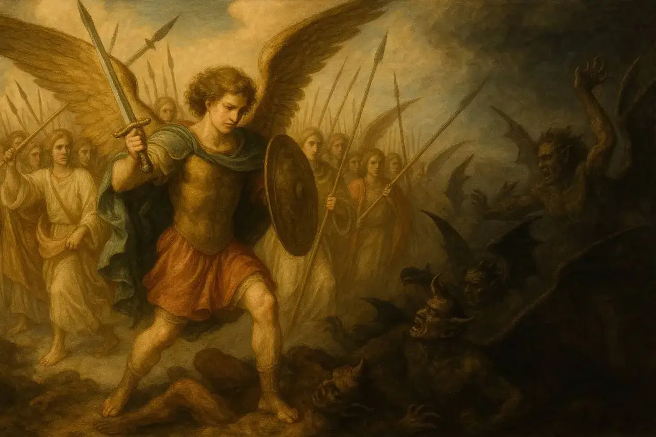 Archanioł Michał z mieczem i tarczą walczy z demonami. Za nim anielska armia.