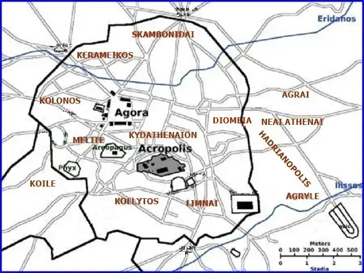 Mapa starożytnych Aten z zaznaczonymi miejscami zgromadzeń