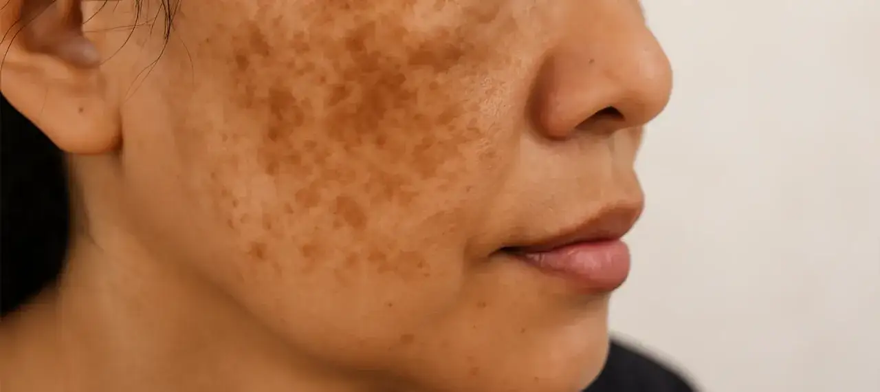 Primo piano del viso di una donna con evidenti macchie scure sulla pelle, che creano un effetto a chiazze.