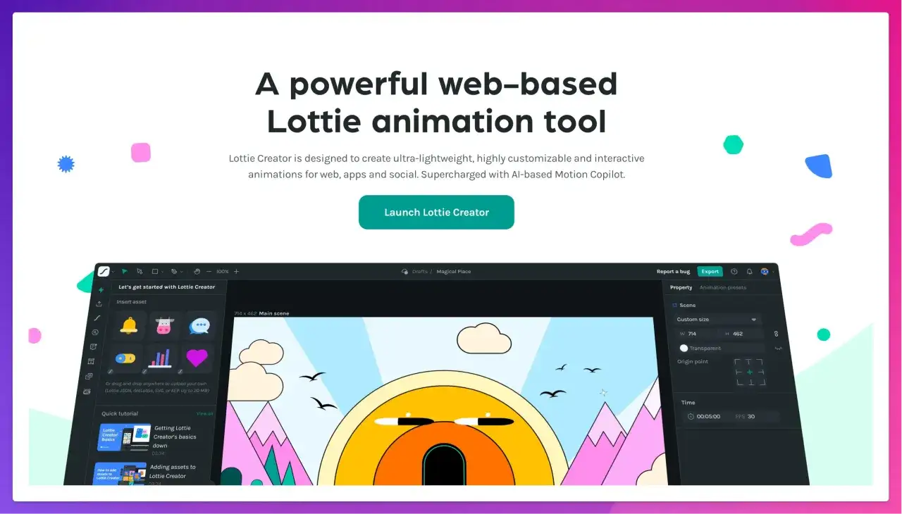 Twórz animacje w Lottie Creator, potężnym programie do animacji. Edytuj scenę, dodawaj zasoby i eksportuj swoje dzieła.