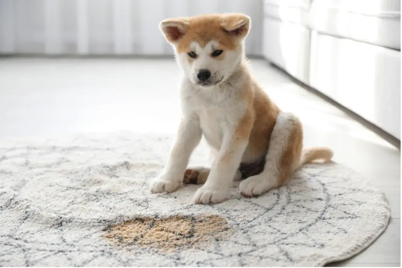 Adorable Akita cachorro sentado en una alfombra con una mancha de pis. Aprende como quitar el olor a pis de perro fácilmente.
