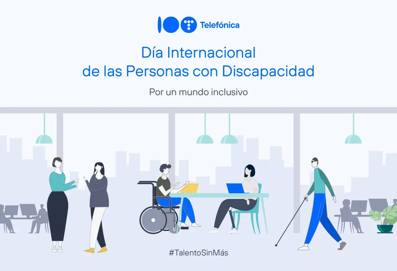 Cartel del Día Internacional de las Personas con Discapacidad. Ilustración de personas diversas en un entorno de oficina, incluyendo una en silla de ruedas y otra con bastón.
