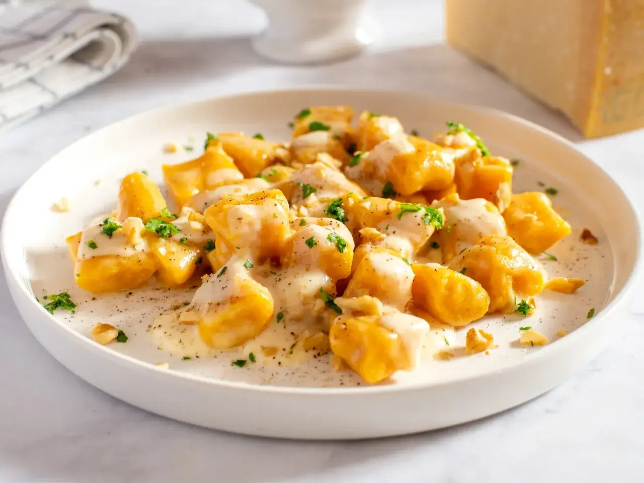 Gnocchi dorati immersi in una cremosa fonduta di parmigiano, guarniti con prezzemolo fresco e pepe nero.