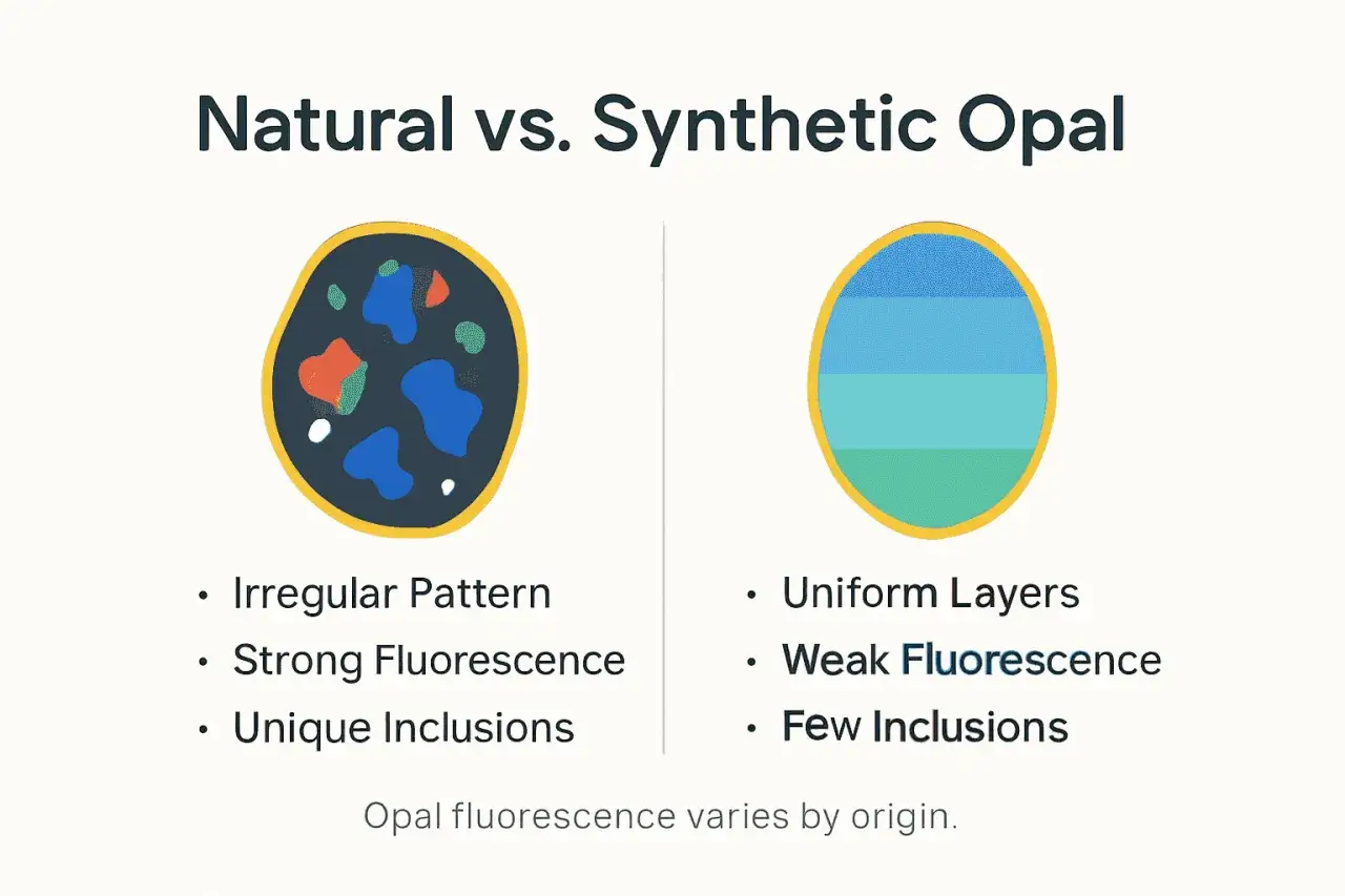 Jak sprawdzić czy opal jest prawdziwy? Porównanie naturalnego opalu (nieregularny wzór, silna fluorescencja, unikalne inkluzje) z syntetycznym (jednolite warstwy, słaba fluorescencja, mało inkluzji).