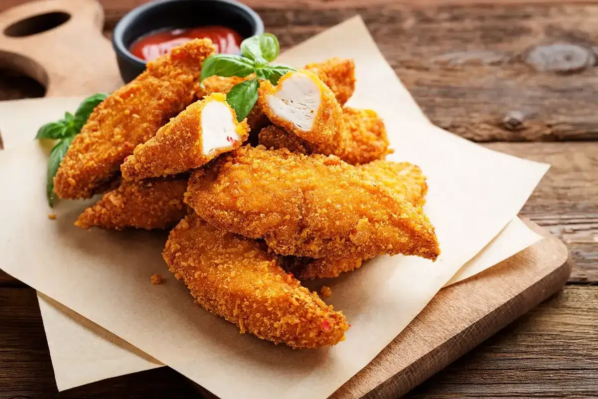 Straccetti di pollo in friggitrice ad aria, dorati e croccanti, serviti con basilico fresco e salsa.