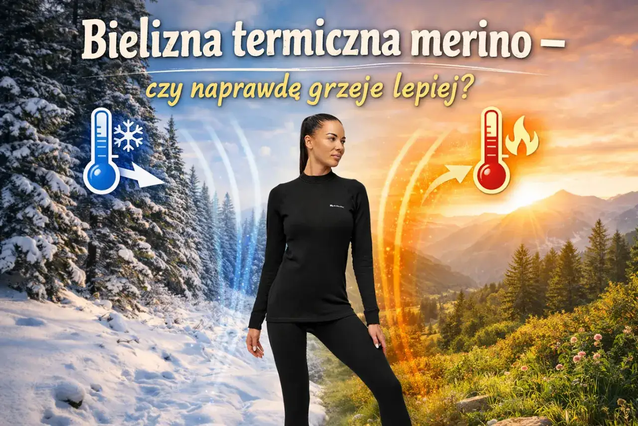 Kobieta w czarnej bieliźnie termicznej merino, symbolizującej jej wspaniałe właściwości termoizolacyjne. Po lewej zimowy krajobraz, po prawej letni.