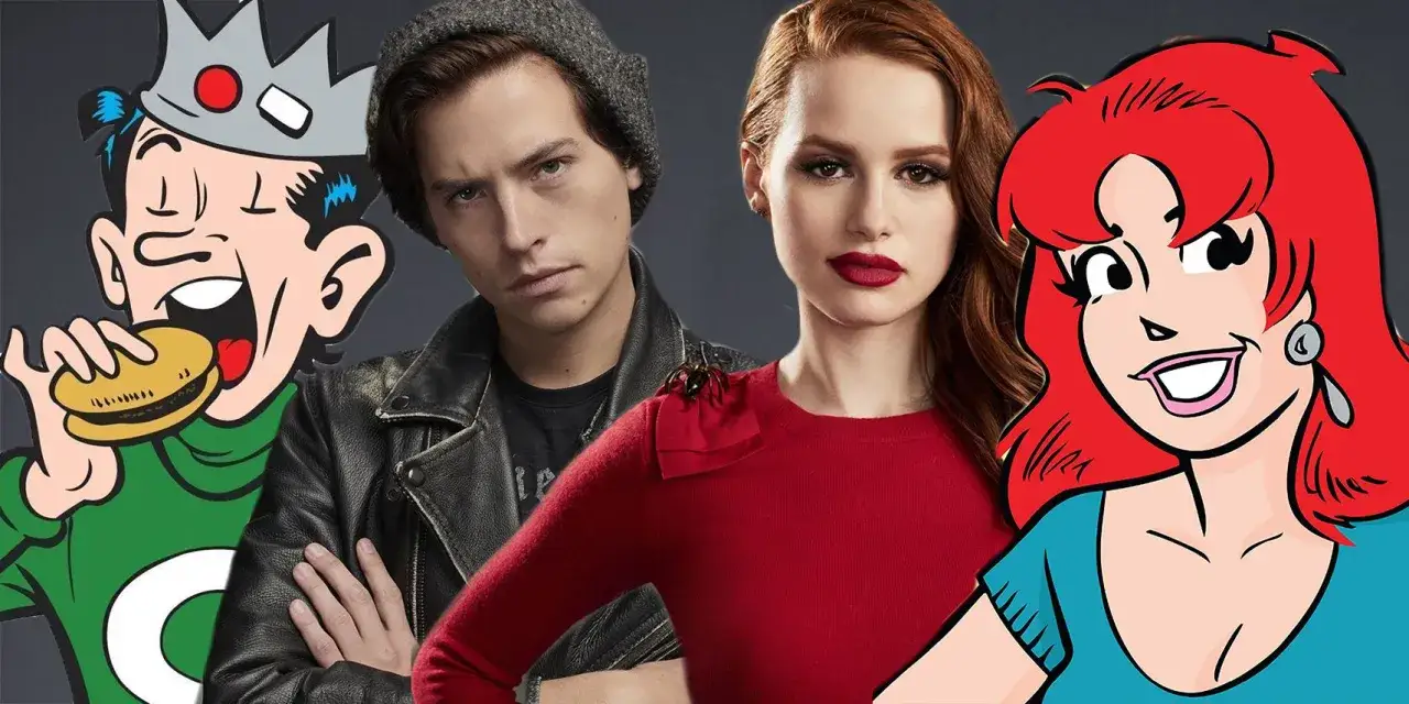 Archie w koronie i z burgerem obok Jugheada i Cheryl. Obok też Betty z komiksów.