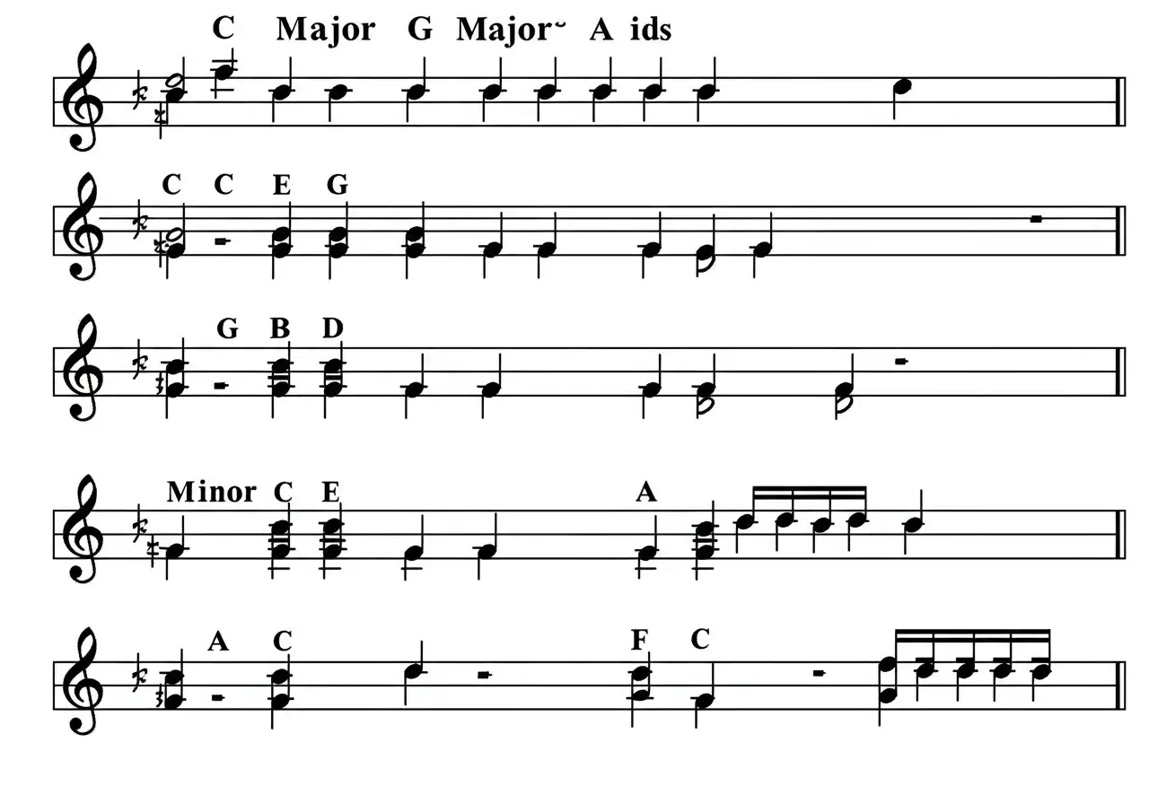 Fragmenty muzyczne z nutami, pokazujące akordy C-dur, G-dur, A-dur, E-moll, F-dur.