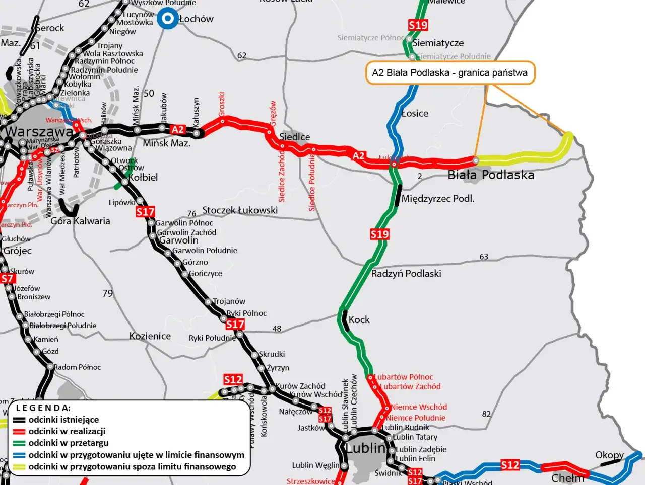 Mapa drogowa z zaznaczoną autostradą A2, drogami S17 i S19, miastami jak Warszawa, Siedlce, Biała Podlaska i Lublin.