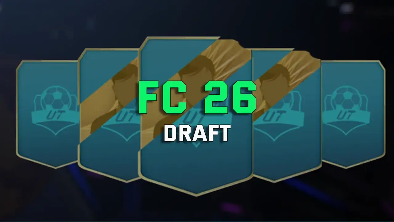 Grafika z napisem FC 26 DRAFT. Dowiedz się, jak grać draft ze znajomym w FC 26 i buduj najlepszą drużynę!