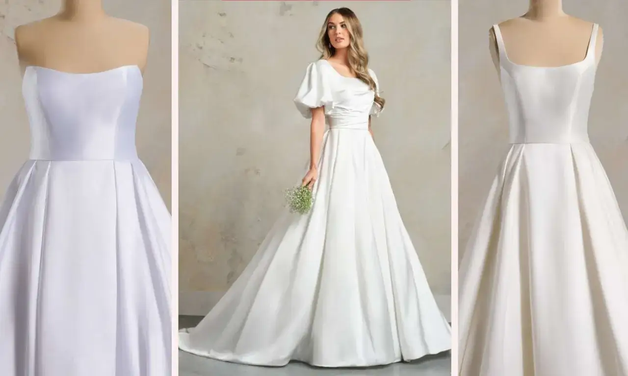 Trzy suknie ślubne: dwie na manekinach, jedna na modelce. Kolor ivory, delikatny odcień bieli, nadaje im elegancji.