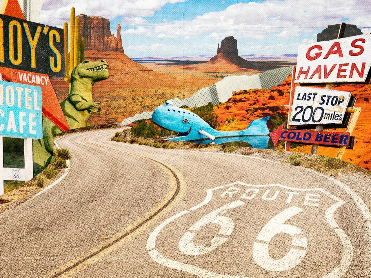 Dinozaur i wieloryb na drodze 66 USA. Ostatni przystanek 200 mil do Gas Haven.
