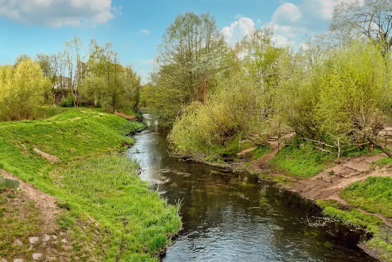 Ein idyllischer Flusslauf am Panke Wanderweg, ges&auml;umt von &uuml;ppigem Gr&uuml;n und B&auml;umen im Fr&uuml;hling.