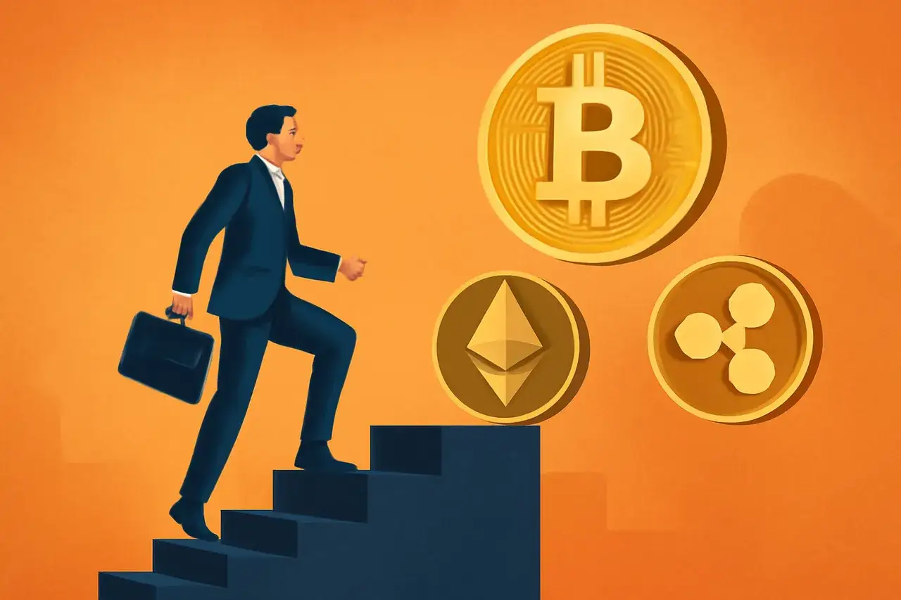 Biznesmen w garniturze wchodzi po schodach do symboli kryptowalut: Bitcoin, Ethereum, Ripple.