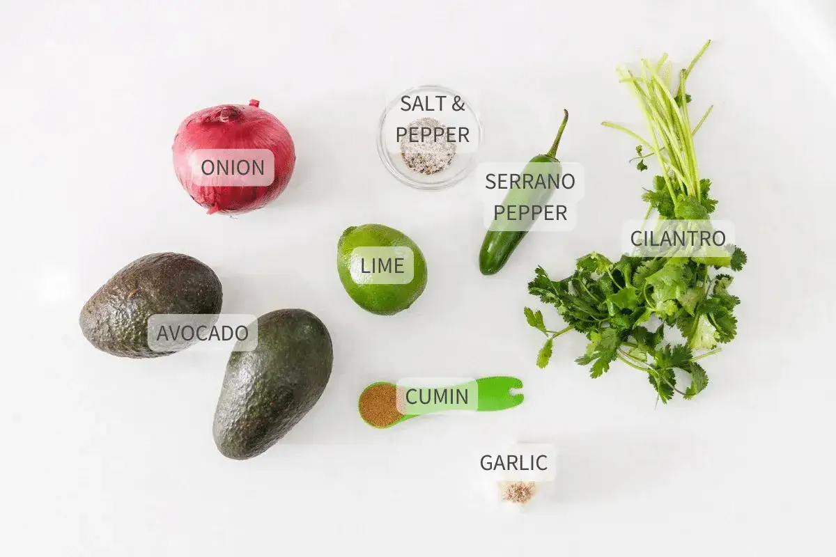 Składniki na guacamole: awokado, cebula, limonka, papryczka serrano, kolendra, czosnek, sól i pieprz.