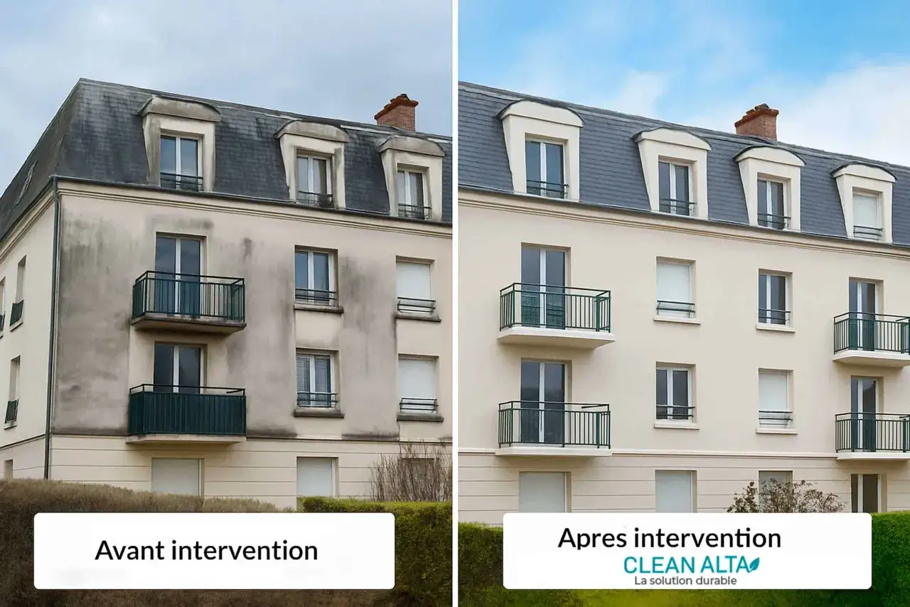 Avant/après : façade sale et grise, puis propre et éclatante après décapage peinture façade.