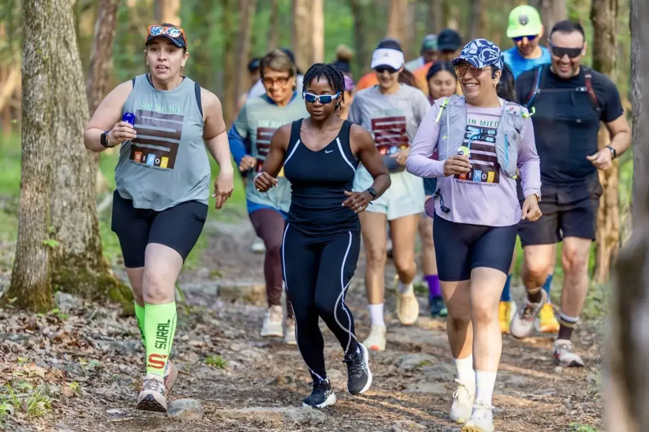 Eine Gruppe von Läufern genießt das Joggen im Wald. Sie sind Teil einer Trailrunning-Community, was zeigt, was bringt joggen: Gemeinschaft und Naturerlebnis.