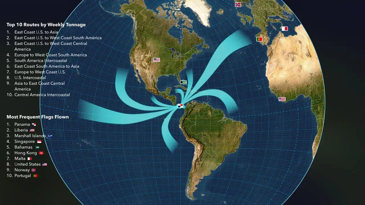 Mapa świata z zaznaczonymi trasami żeglugowymi. Panama, gdzie leży, jest kluczowym punktem tranzytowym. Widać też flagi najczęściej pływających statków.