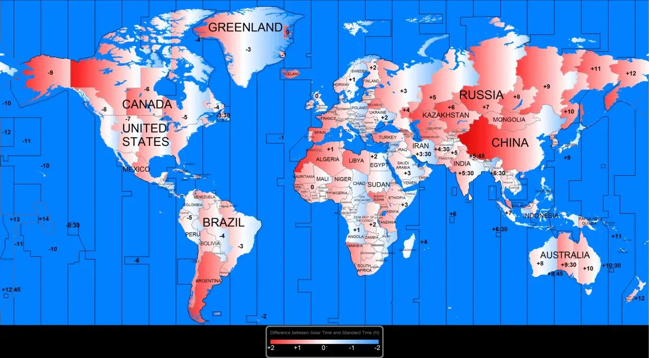 Islandia czas: mapa świata pokazuje r&oacute;żnice między czasem słonecznym a standardowym, od -12 do +14 godzin.