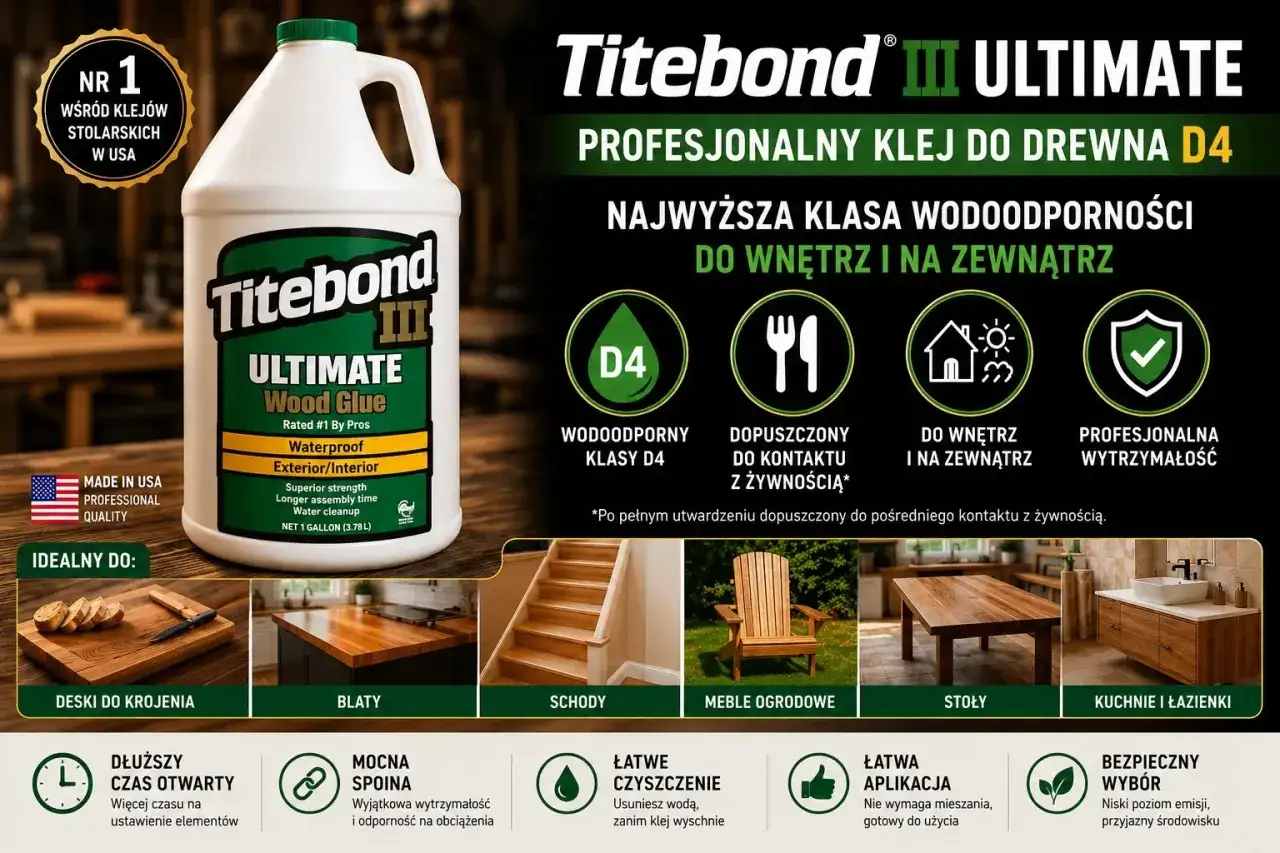 Profesjonalny klej do drewna Titebond III Ultimate, wodoodporny, dopuszczony do kontaktu z żywnością. Idealny do desek, blatów, schodów, mebli ogrodowych, stołów, kuchni i łazienek.