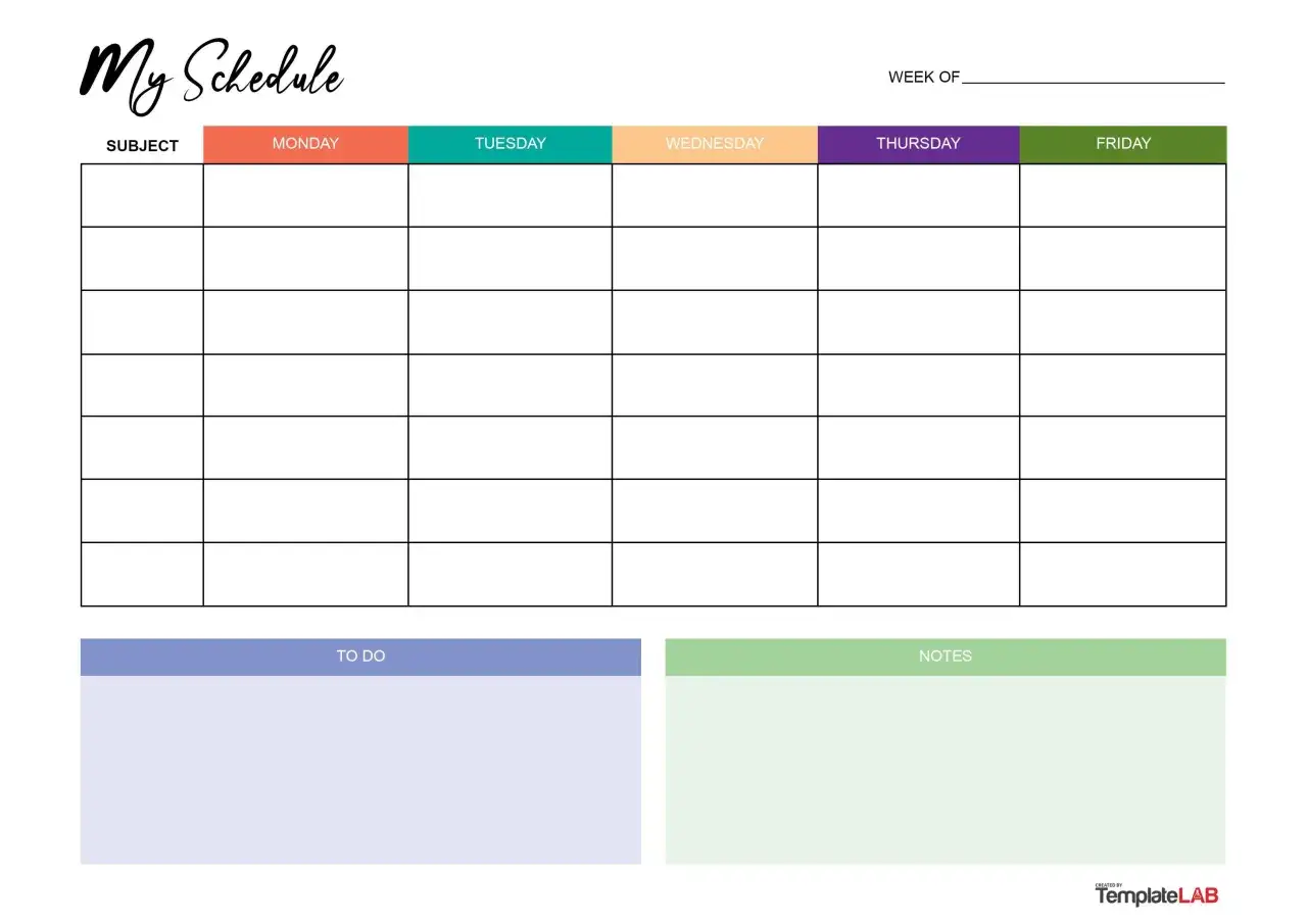 Plantillas de horarios para rellenar e imprimir en Word. Un calendario semanal con columnas para d&iacute;as y filas para materias, adem&aacute;s de secciones para 