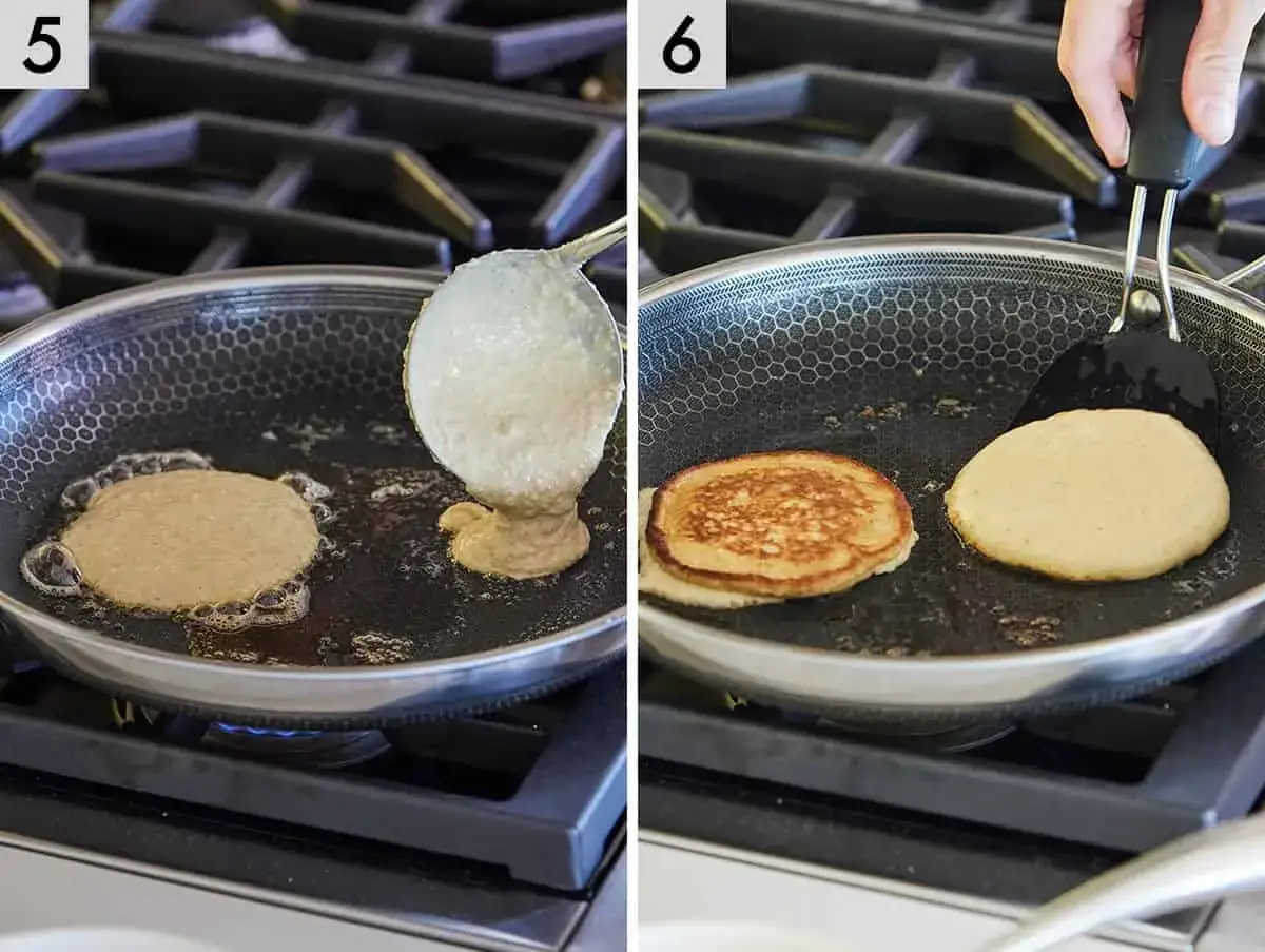 Steg 5 och 6: Pannkakor med havregryn steks i en stekpanna. En skopa smet h&auml;lls i pannan, och sedan v&auml;nds en f&auml;rdigstekt pannkaka med en stekspade.