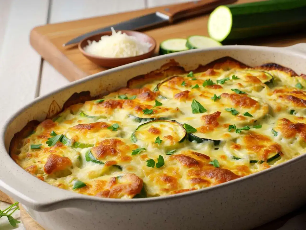 Ein goldbraun überbackener Zucchini-Auflauf mit geschmolzenem Käse und frischer Petersilie, bereit zum Servieren.