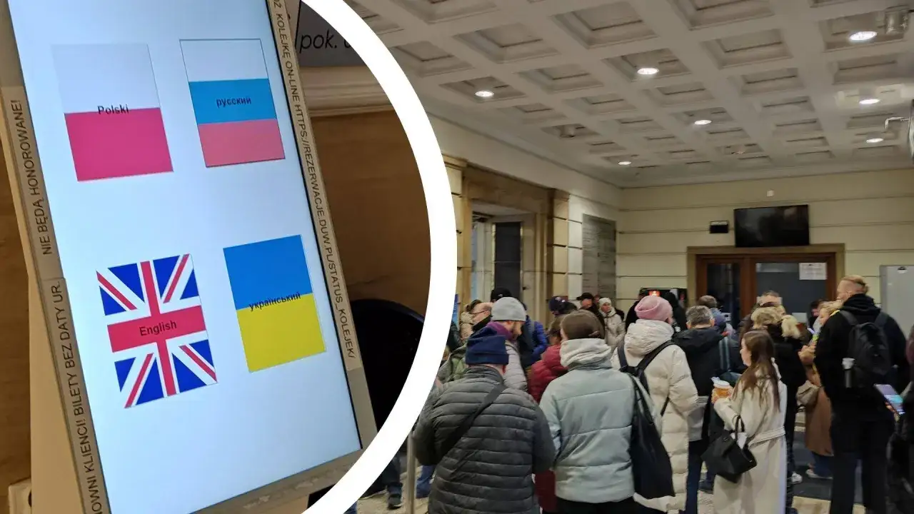 Kolejka do odbioru paszportu. Na ekranie wybór języka: polski, rosyjski, angielski, ukraiński.