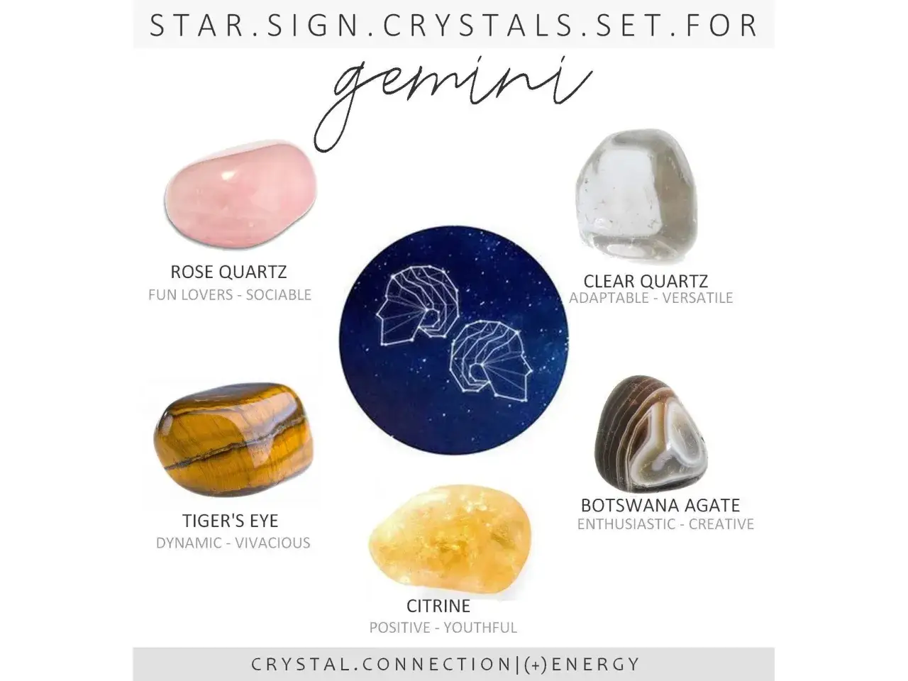 Szczęśliwe kamienie dla znaków zodiaku: Gemini. Różowy kwarc, cytryn, tygrysie oko, agat botswański i kryształ górski.