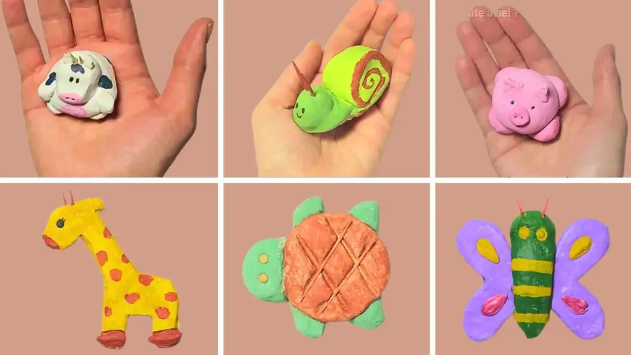 Collection de petits animaux en p&acirc;te &agrave; sel : vache, escargot, cochon, girafe, tortue et papillon.