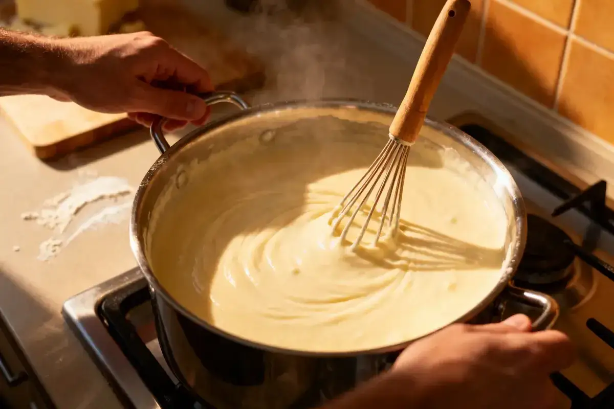 Pr&eacute;paration d'une b&eacute;chamel onctueuse &agrave; base de f&eacute;cule de ma&iuml;s, fouett&eacute;e dans une casserole fumante.