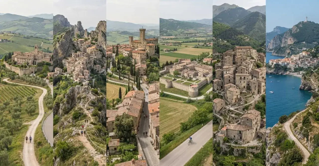 Borghi italiani arroccati su colline e montagne, con strade tortuose e panorami mozzafiato. Un viaggio tra tramonti montagna e paesaggi da sogno.