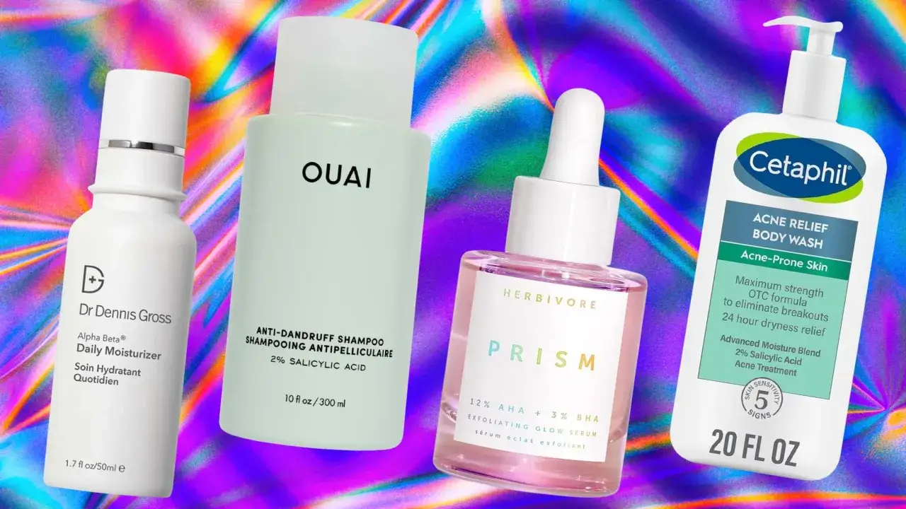 Hautpflegeprodukte mit Säure: Dr. Dennis Gross, OUAI Anti-Schuppen-Shampoo mit 2% Salicylsäure, Herbivore Prism Serum (12% AHA + 3% BHA) und Cetaphil Akne-Körperwäsche mit 2% Salicylsäure.